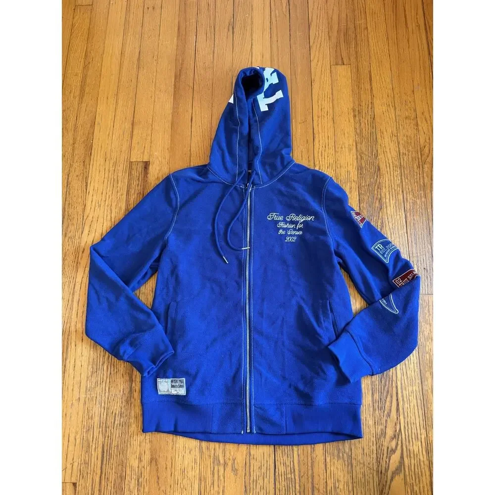 True Religion Hoodie Mens Large Blue Reverse Terry Zip Up Sweatshirt NWT
